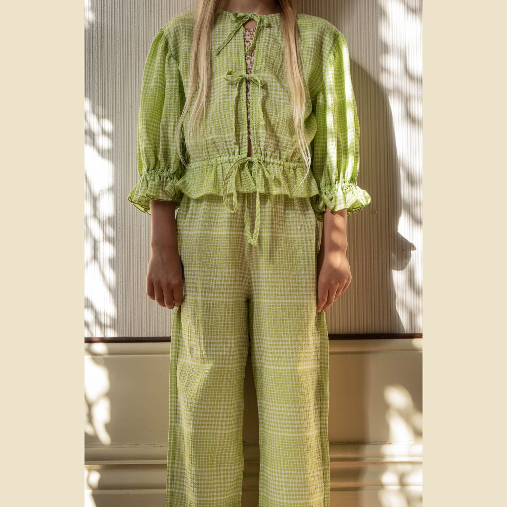 Girls Green Check Cotton Trousers