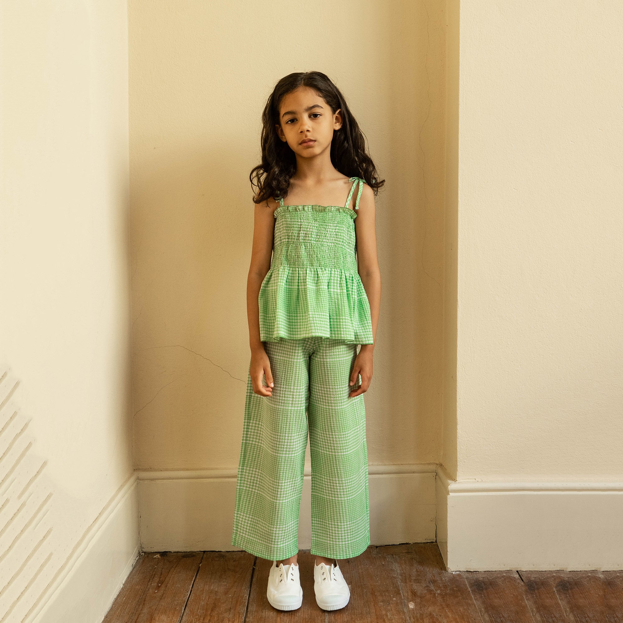 Girls Green Check Cotton Trousers