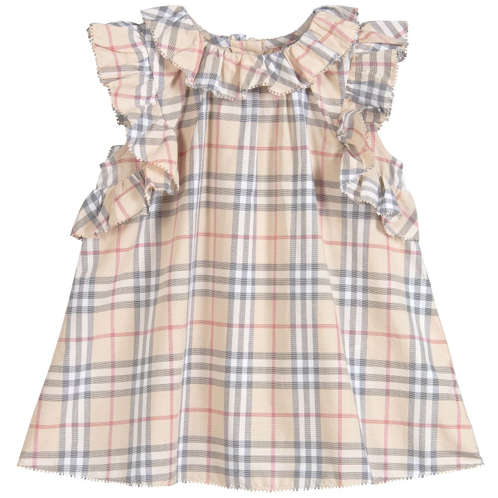 Baby Pale Stone Check Cotton Dress