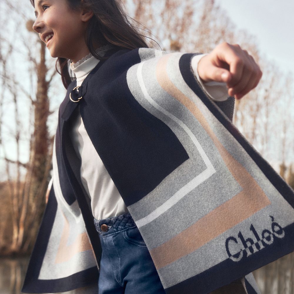 Girls Blue & Grey Knitted Cape