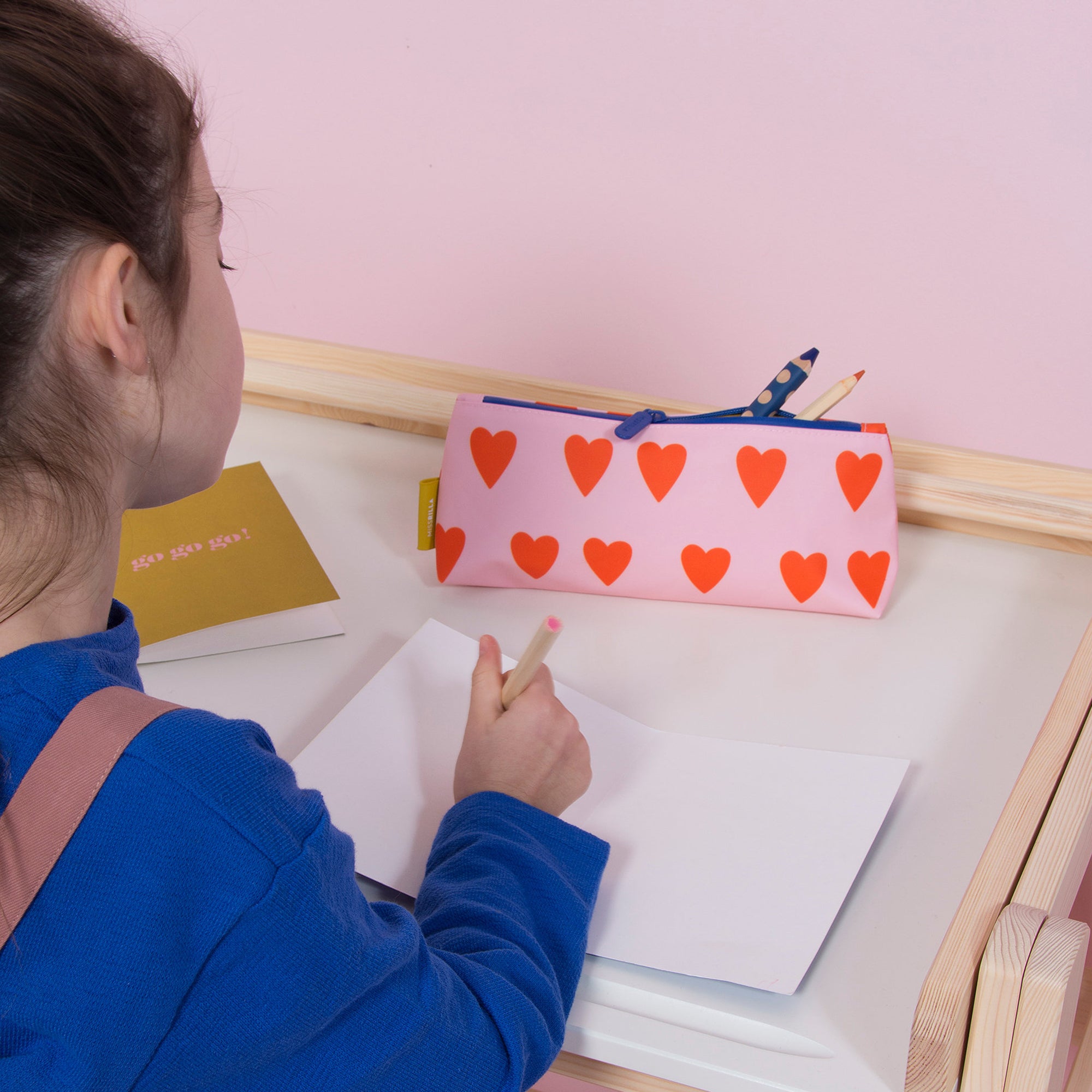 Girls Soft Pink & Orange Hearts Printed Pencil Pouch（29 x 13 cm）