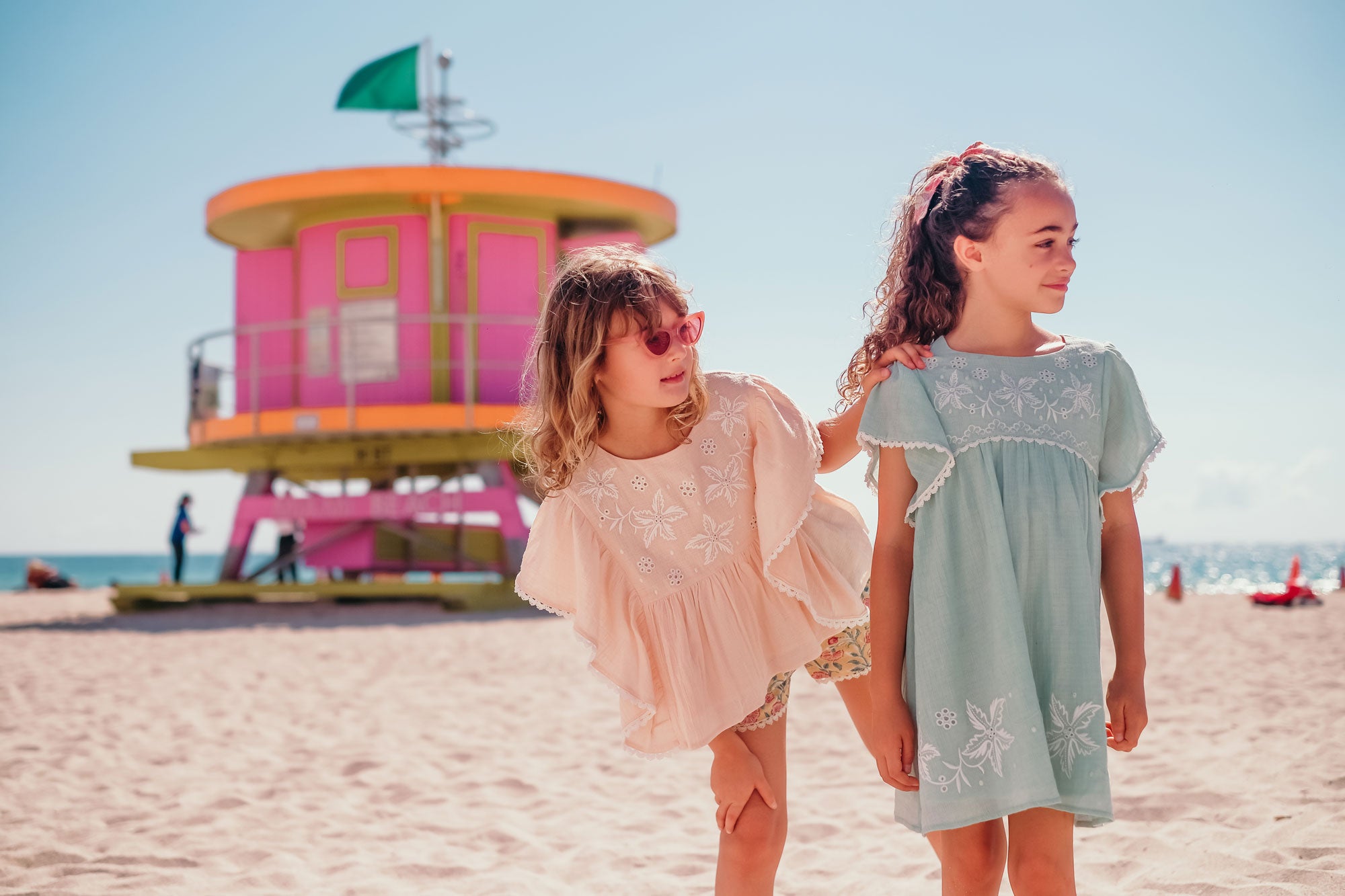 Girls Cyan Embroidered Cotton Dress