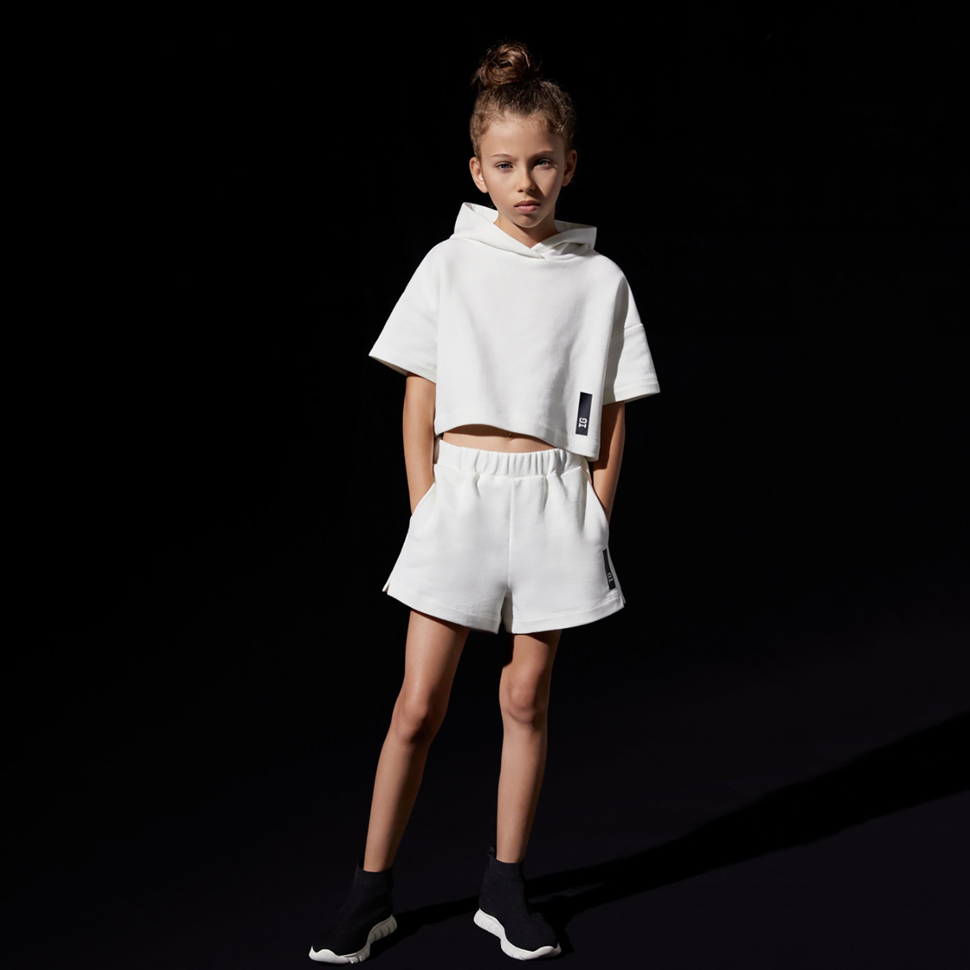 Girls White "IG" Cotton Shorts