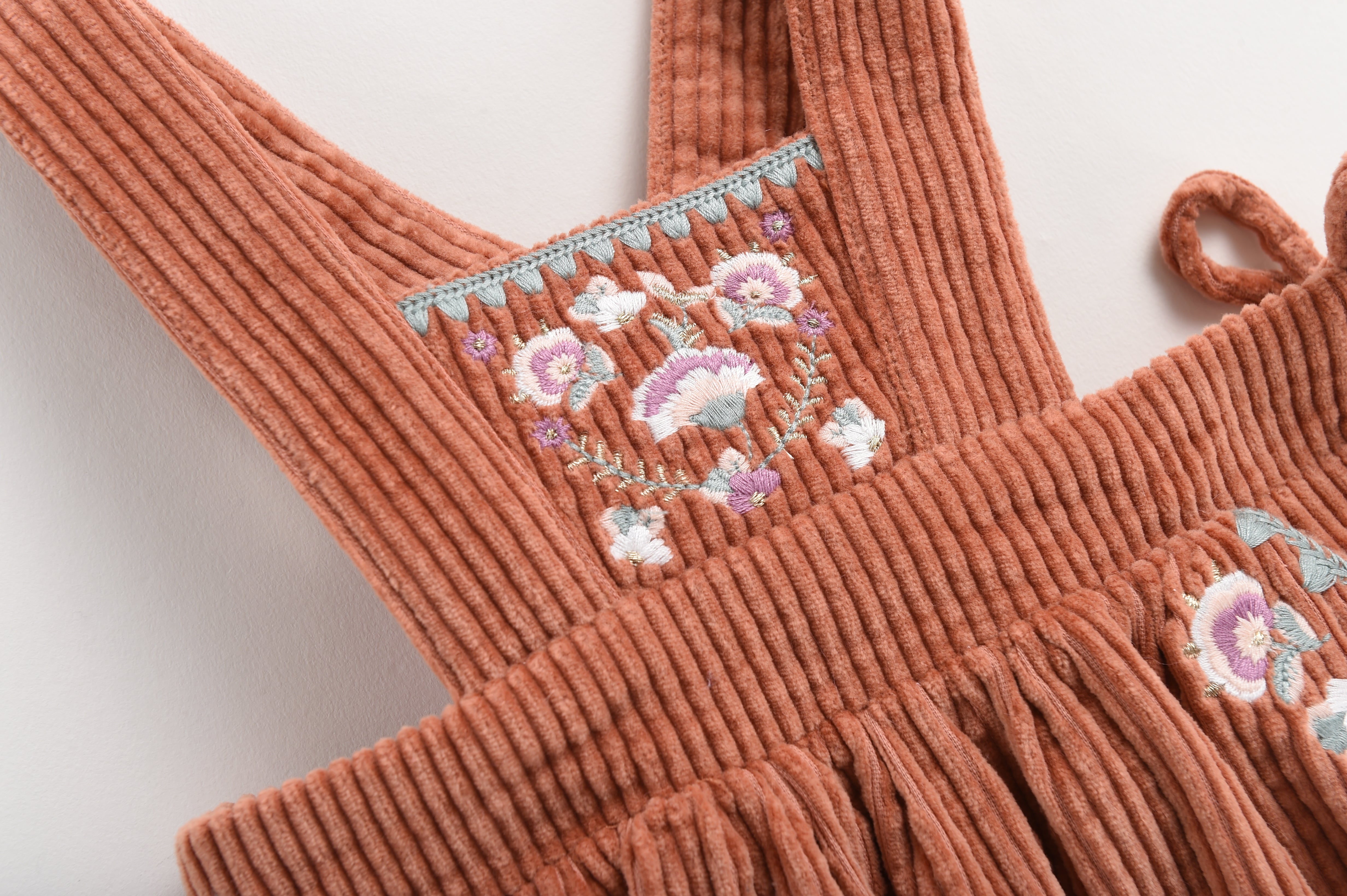 Girls Terracotta Embroidered Cotton Dress
