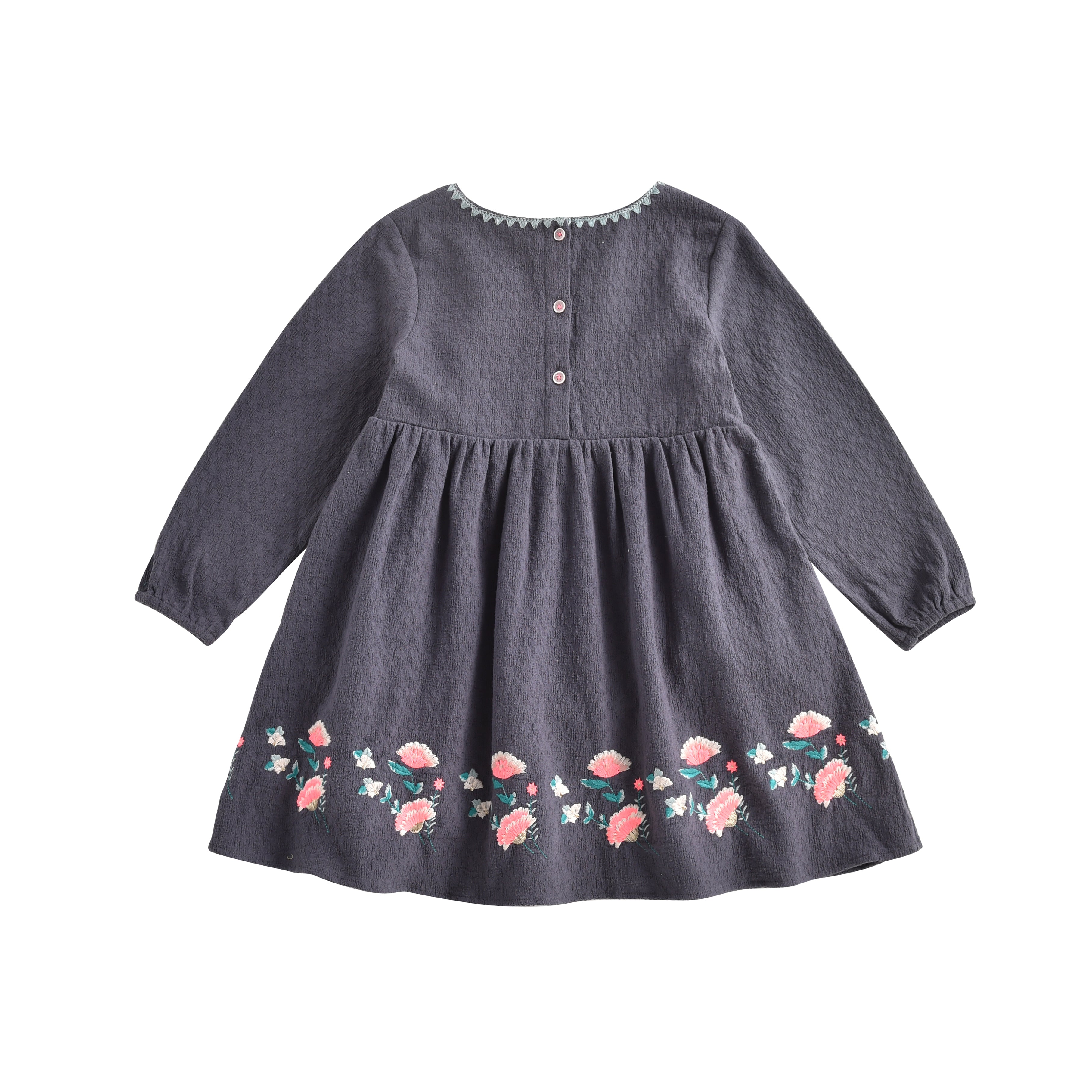 Girls Grey Embroidered Cotton Dress
