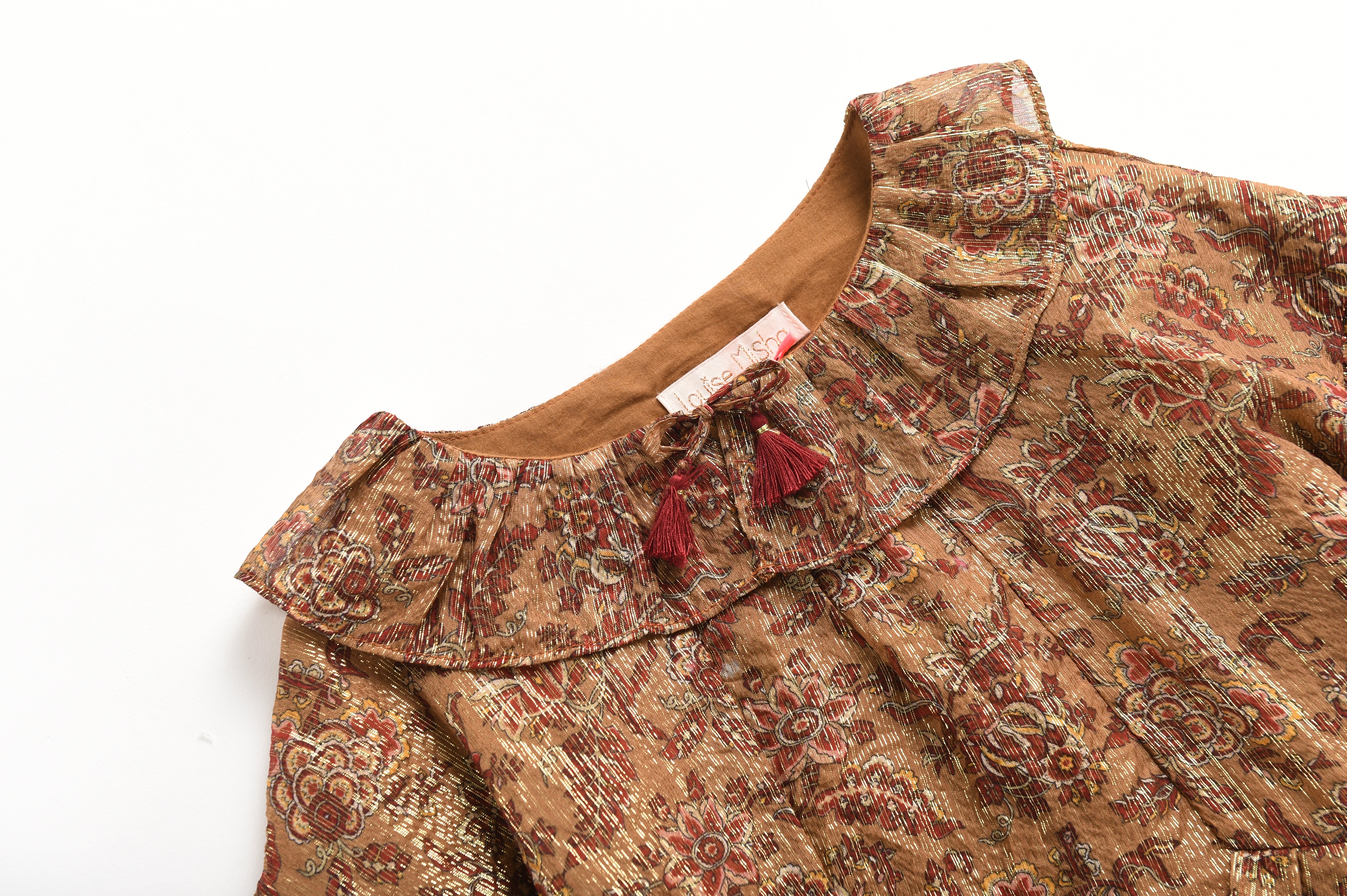 Girls Brown Flowers Silk Dress