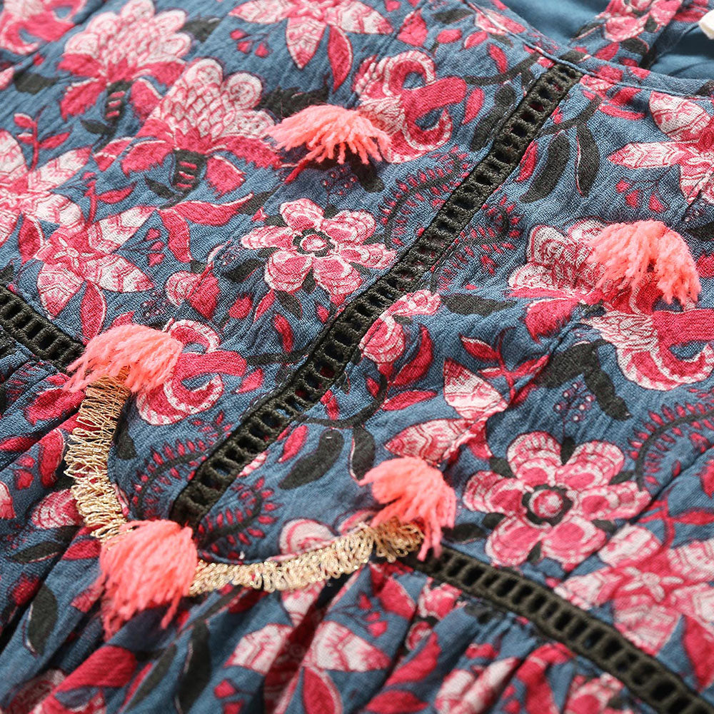 Girls Blue Flower "Magdalena" Cotton Dresse