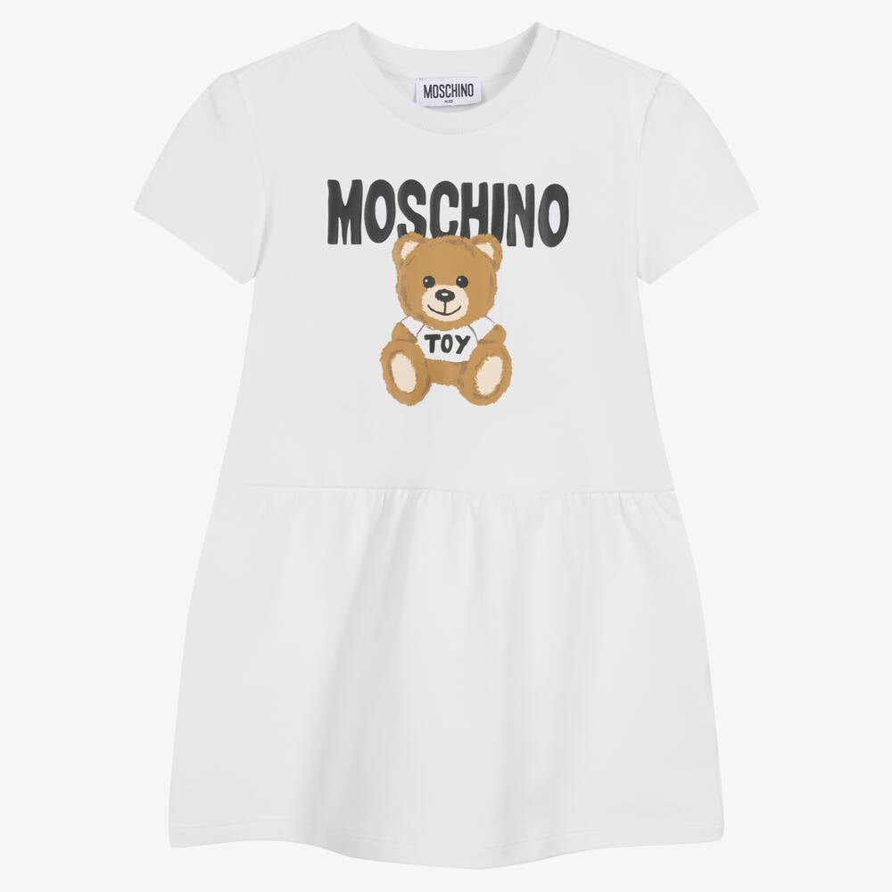 Girls White Printed Cotton Dress