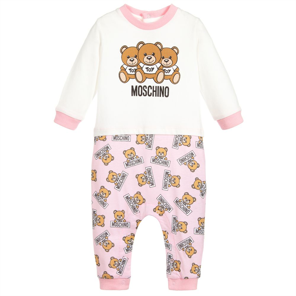 Baby Girls White & Rose Cotton Babysuit