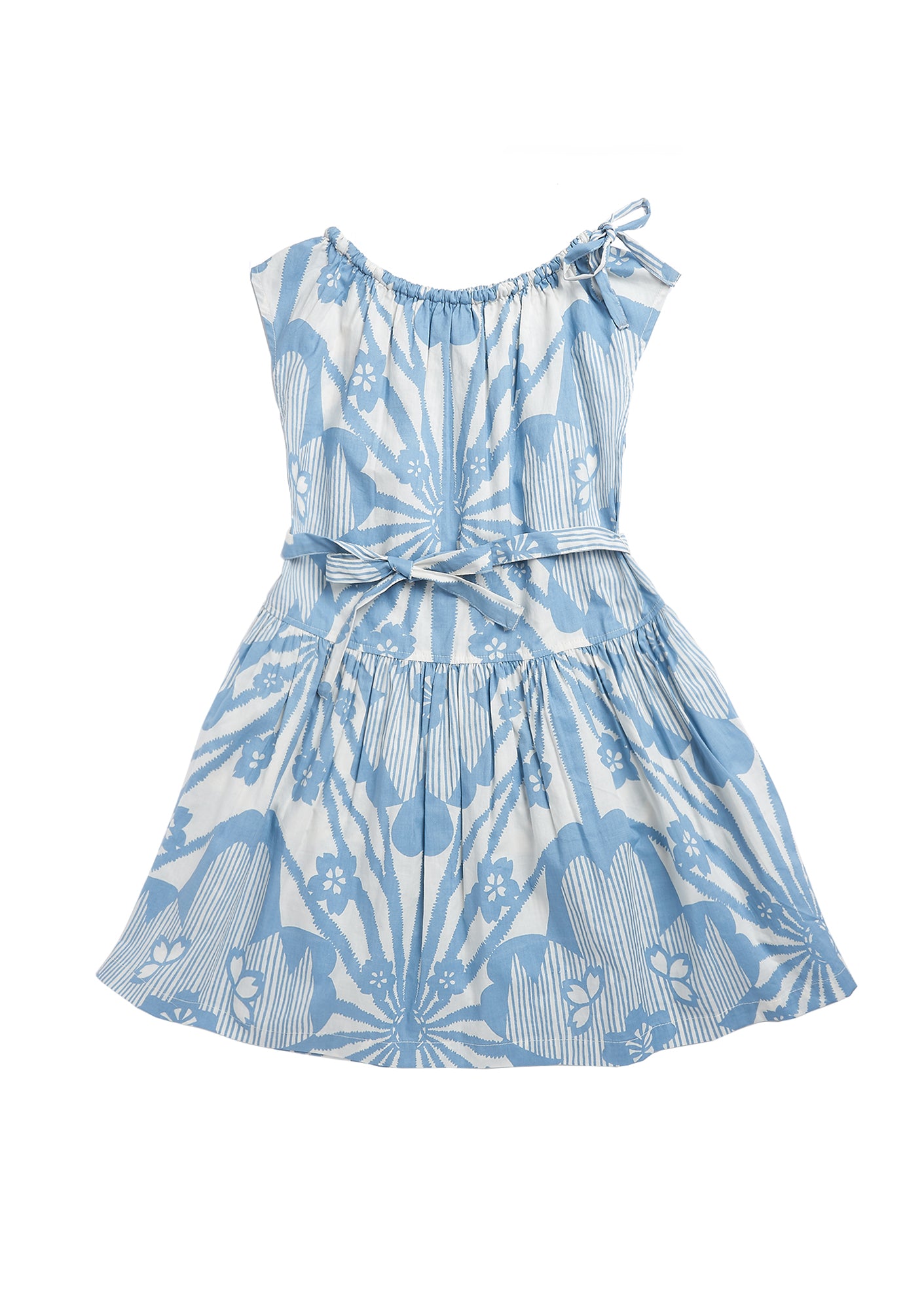 Girls Blue Flowers Print Cotton Dress